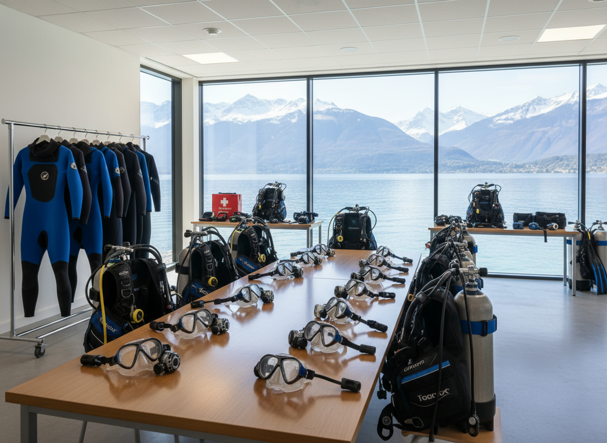 Matériel et préparation pour une formation de plongée au lac d’Annecy