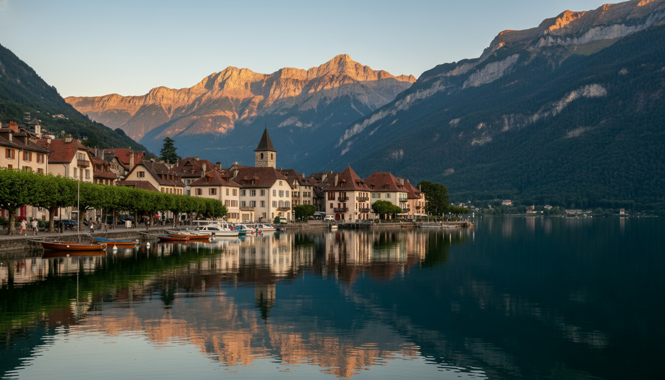Village de Talloires au bord du lac d’Annecy et montagnes alpines